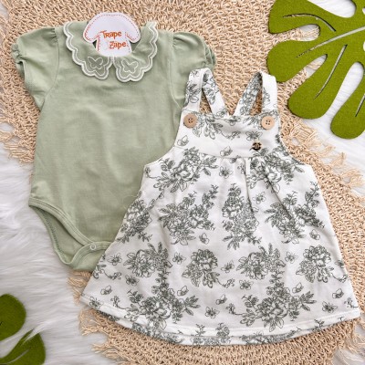 Conj. Body Gola Bordada Borboletas e Salopete Floral - Verde